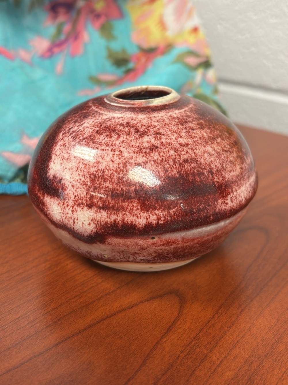 Handcrafted Small Round Maroon Ceramic Vase - Home Art Accent